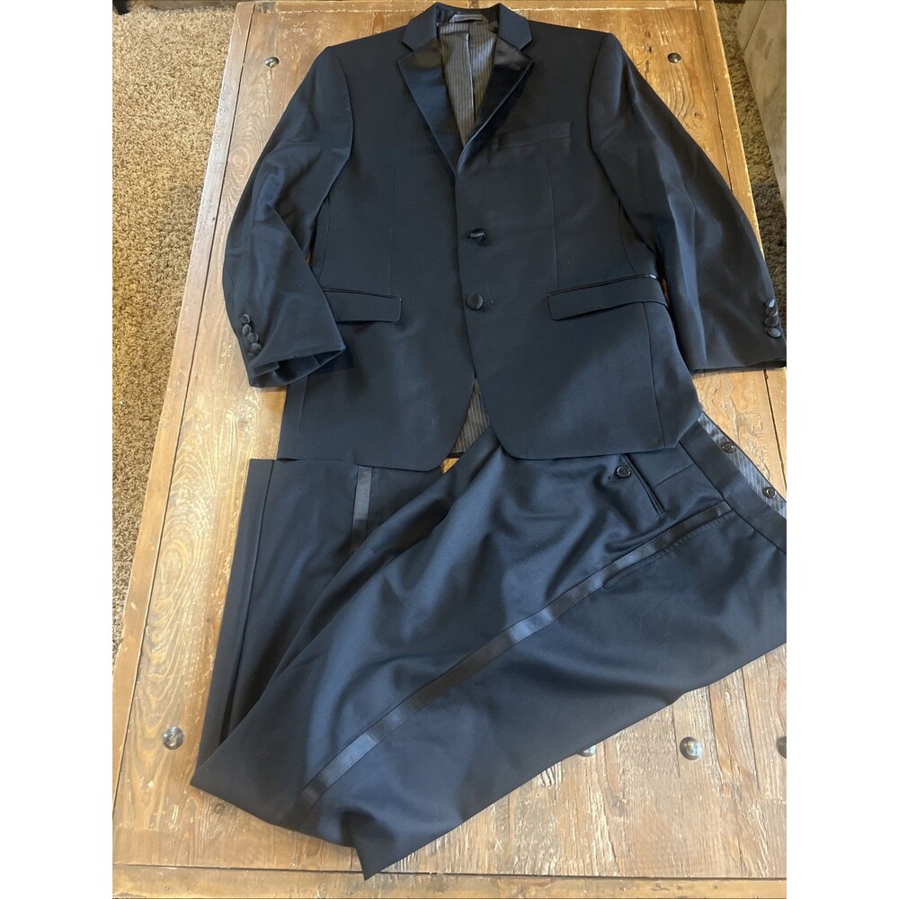 Calvin Klein Men's Black Slim Fit Wool Blend Tuxedo Suit Jacket 38R Pants 34x34